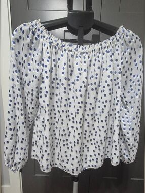 Lilly Pulitzer Blue White Polka Dot Off Shoulder Blouse Size M Peasant Top